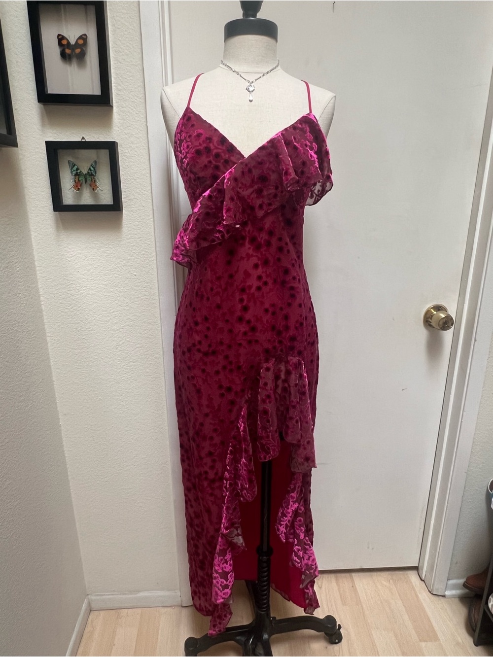 Forever 21 Fuchsia Velvet Burnout High-Low Ruffle Slip Dress